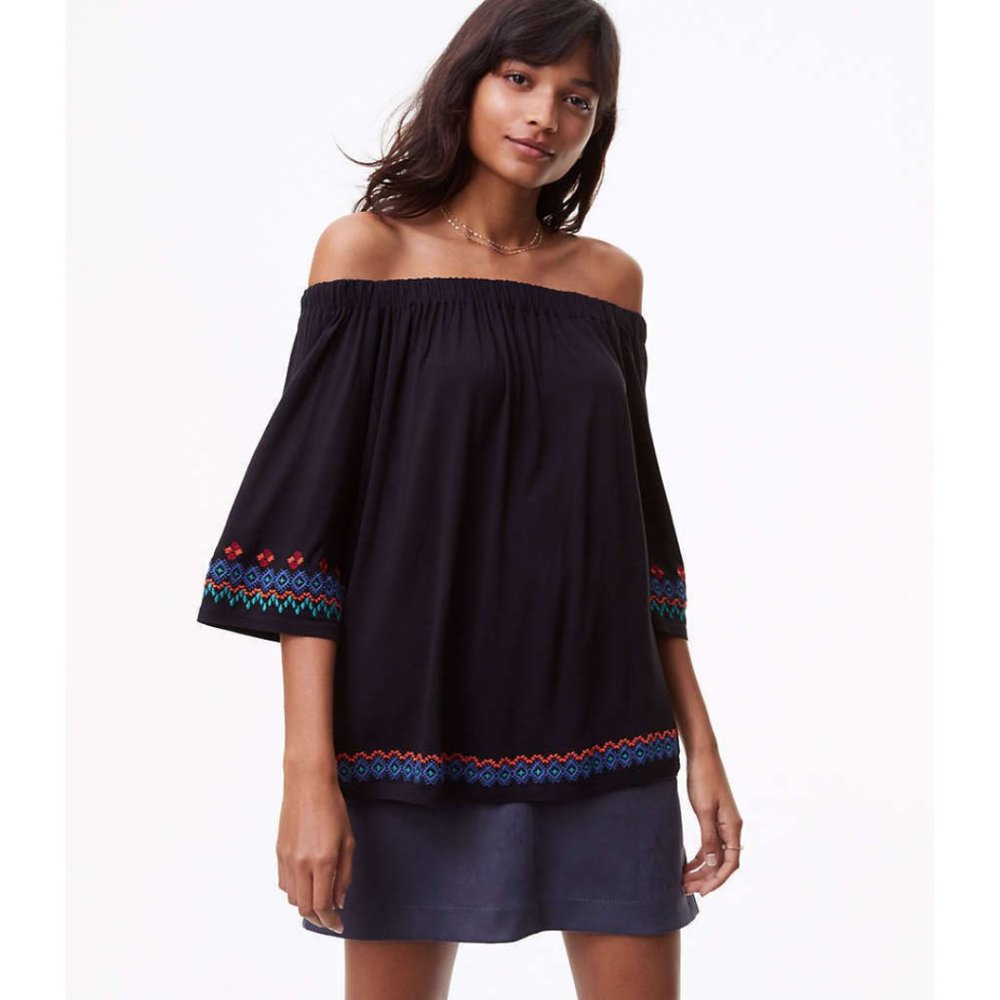 LOFT Petite Black Embroidered Off-the-Shoulder Top